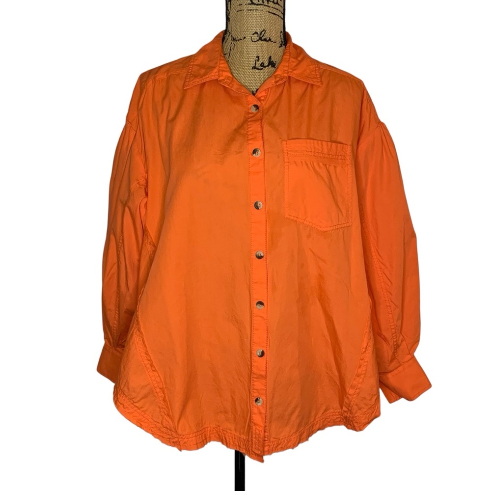 We The Free Cotton Button-Up Orange Ballon Sleeves Shirt Oversized XS